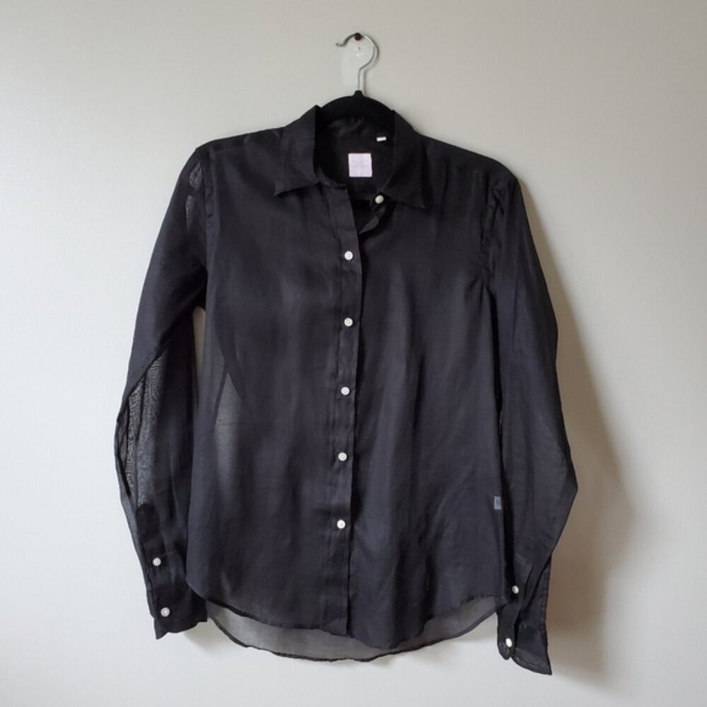 ANN MASHBURN | Black Long Sleeve Sheer Linen Button Down Shirt | M